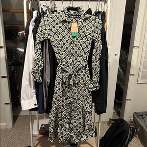Boden Long Sleeve Dress with Navy and Yellow Pattern